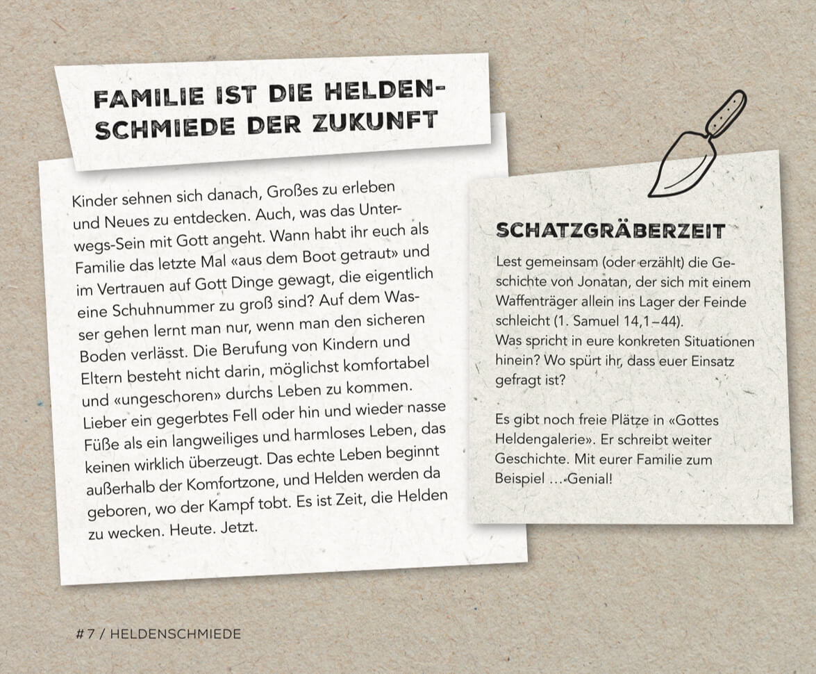 Heldenschmiede Text Fontis Familienaufsteller Fotoflip von EightyNine, Agentur für Corporate Design und Grafik in St.Gallen, Schweiz