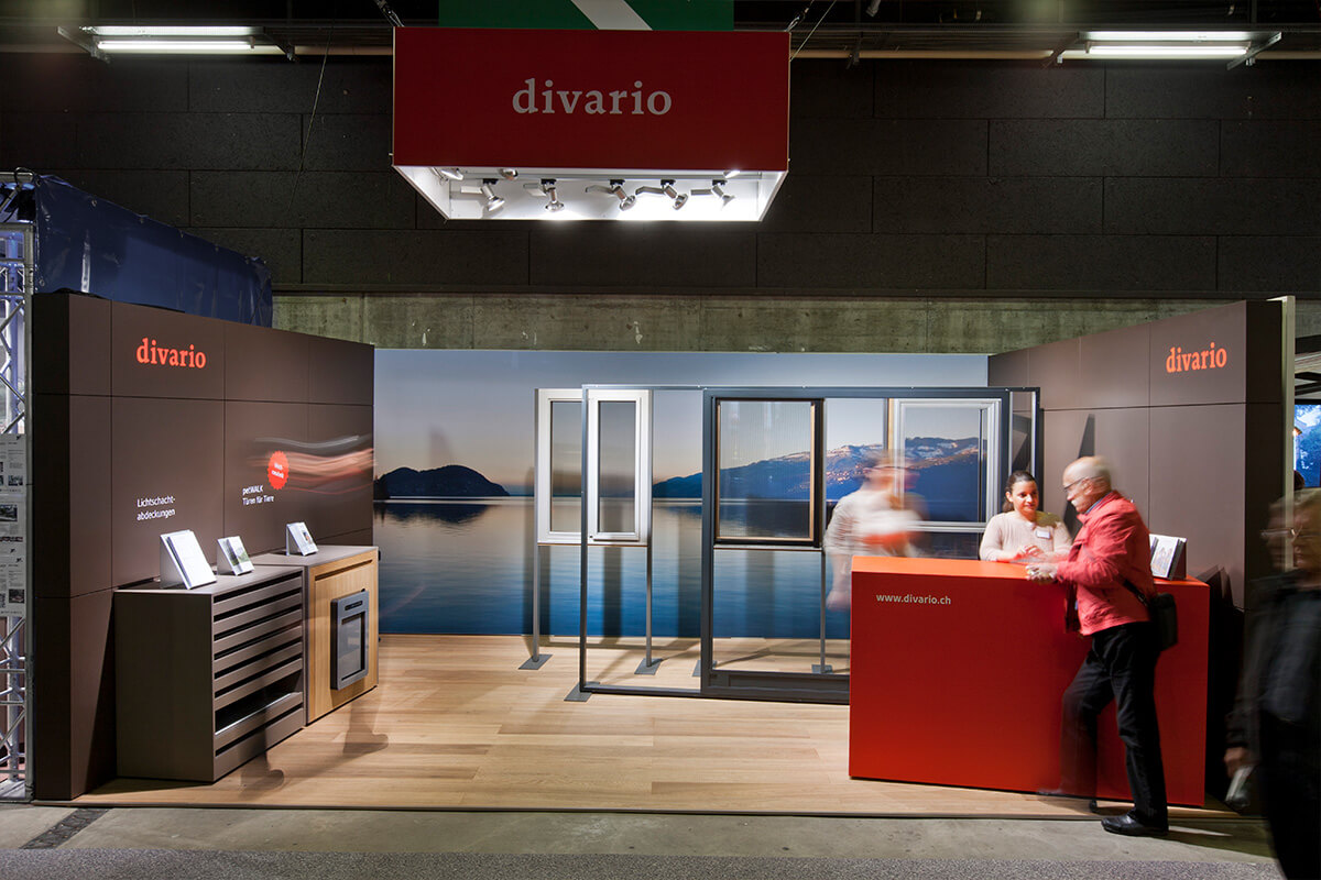 Gesamtübersicht, Messestand an OLMA, Messe-Design für divario Insektenschutz von EightyNine, Agentur für Corporate Design und Grafik in St. Gallen, Schweiz