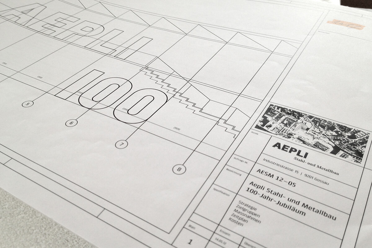 Logo Plan, 100-jähriges Aepli Stahl- und Metallbau Jubiläum, Event Design von EightyNine, Agentur für Corporate Design und Grafik in St. Gallen, Schweiz