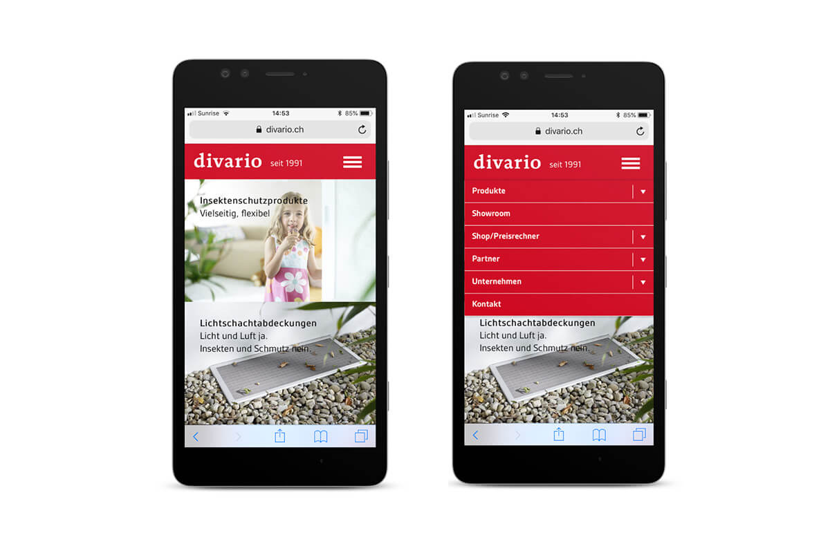 Mobile Startseite Responsive Webseite für divario Insektenschutz von EightyNine, Agentur für Corporate Design und Grafik in St. Gallen, Schweiz