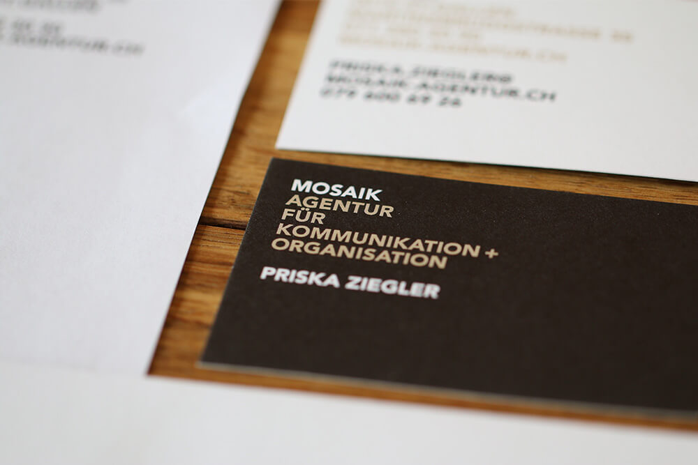 Visitenkarte, Erscheinungsbild für Mosaik Agentur von EightyNine, Agentur für Corporate Design und Grafik in St. Gallen, Schweiz