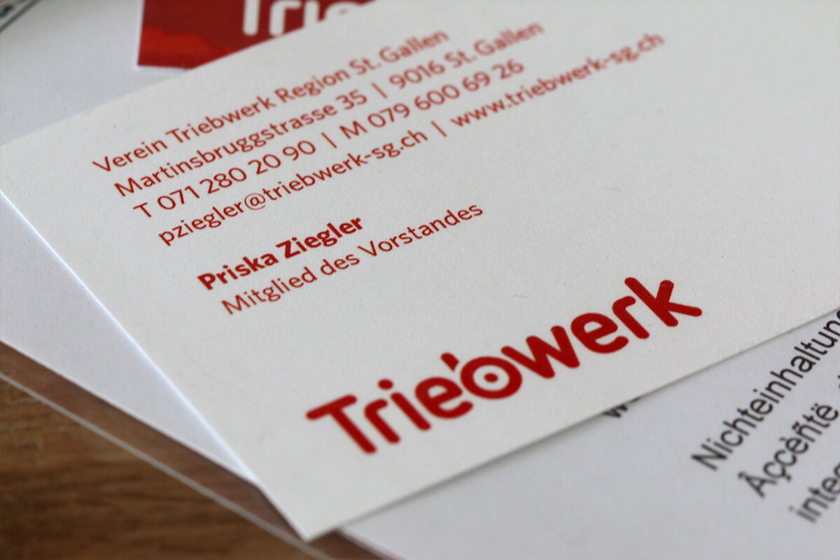 Visitenkarte, Erscheinungsbild für Verein Triebwerk von EightyNine, Agentur für Corporate Design und Grafik in St. Gallen, Schweiz