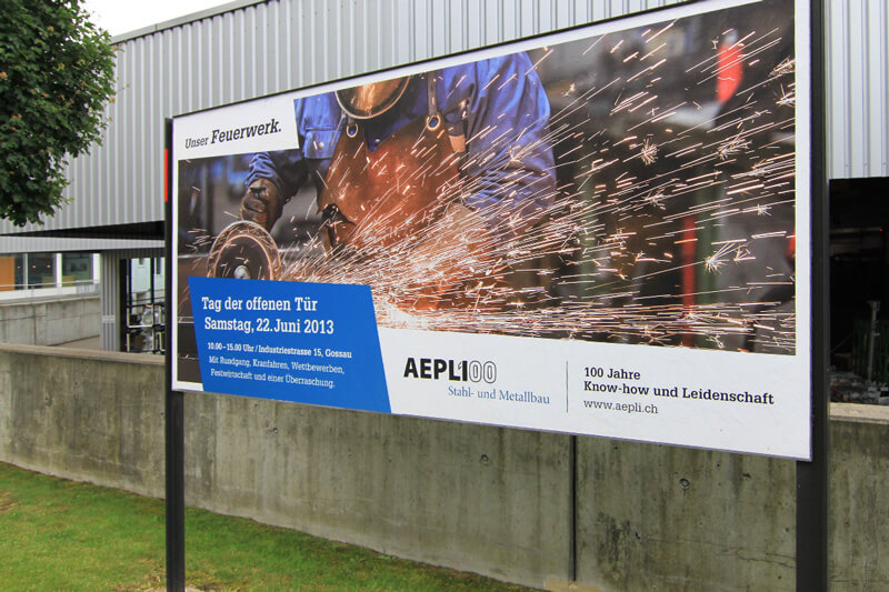 Werbeplakat zum Tag der offenen Tür, Aepli Stahl- und Metallbau Jubiläum, Event Design von EightyNine, Agentur für Corporate Design und Grafik in St. Gallen, Schweiz
