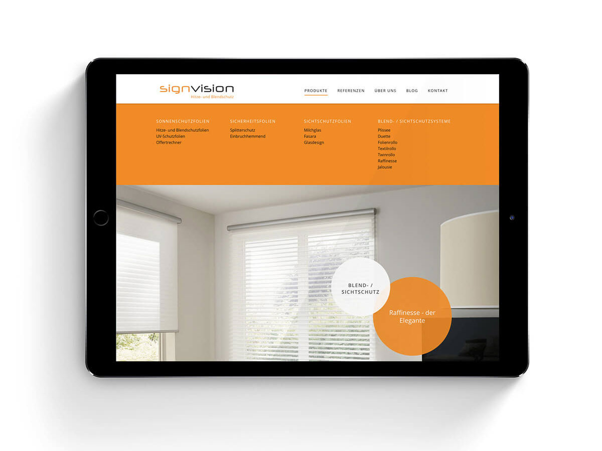 Produkte Hitze- und Blendschutz, Responsive Webseite SignVision von EightyNine, Agentur für Corporate Design und Grafik in St. Gallen, Schweiz
