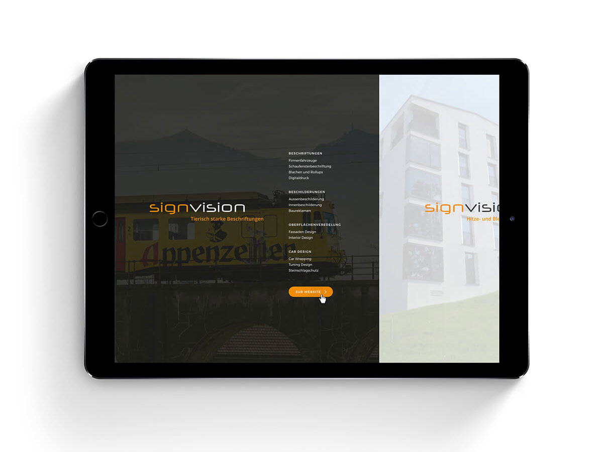 Startseite mit Maus auf Button, Responsive Webseite SignVision von EightyNine, Agentur für Corporate Design und Grafik in St. Gallen, Schweiz