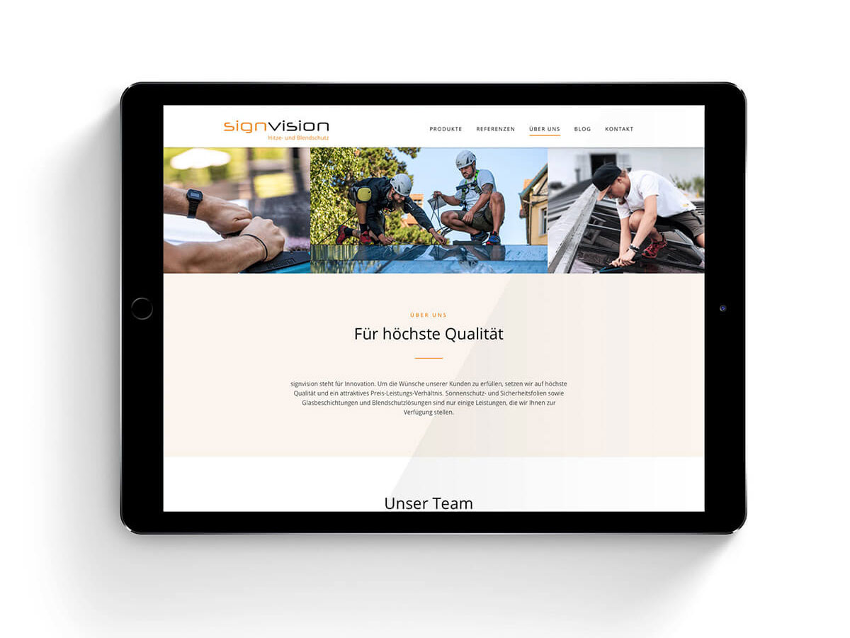 Über uns Hitze- und Blendschutz, Responsive Webseite SignVision von EightyNine, Agentur für Corporate Design und Grafik in St. Gallen, Schweiz